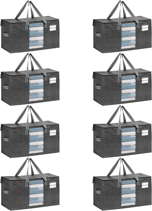VENO 8 Pack Heavy Duty Moving Bags, Clothes and Comforter Storage Bags with Clear Window, College Dorm Essentials Packing Supplies, Foldable Boxes Alternative (Gray, 8 Pack)