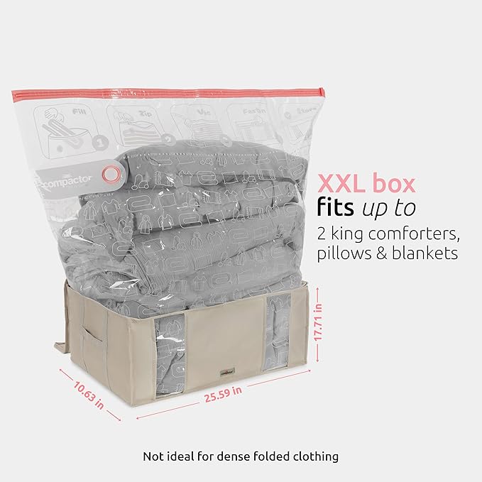 Compactor Vacuum Storage Bag with Semi-Rigid Box, Closet Organizer, Vacuum Seal Bags for Clothing and Bedding, Fits All Vacuum and Nozzle Types, 210L, Beige, XXL