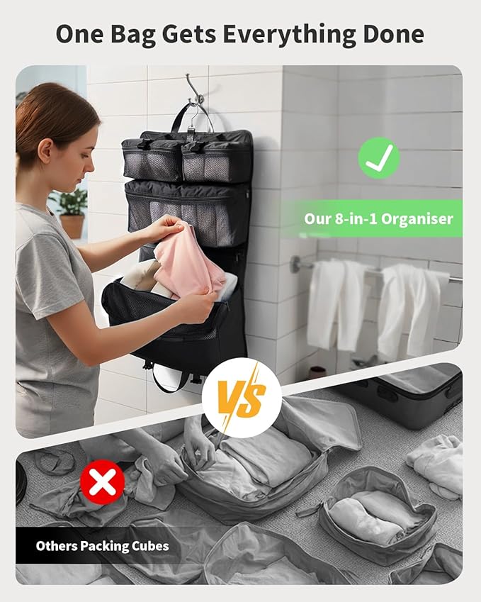 ECOHUB 8-in-1 Hanging Packing Cubes, Foldable Travel Storage Bag, Travel Organizer Expandable Packing Cube for Suitcase or Luggage (Black)