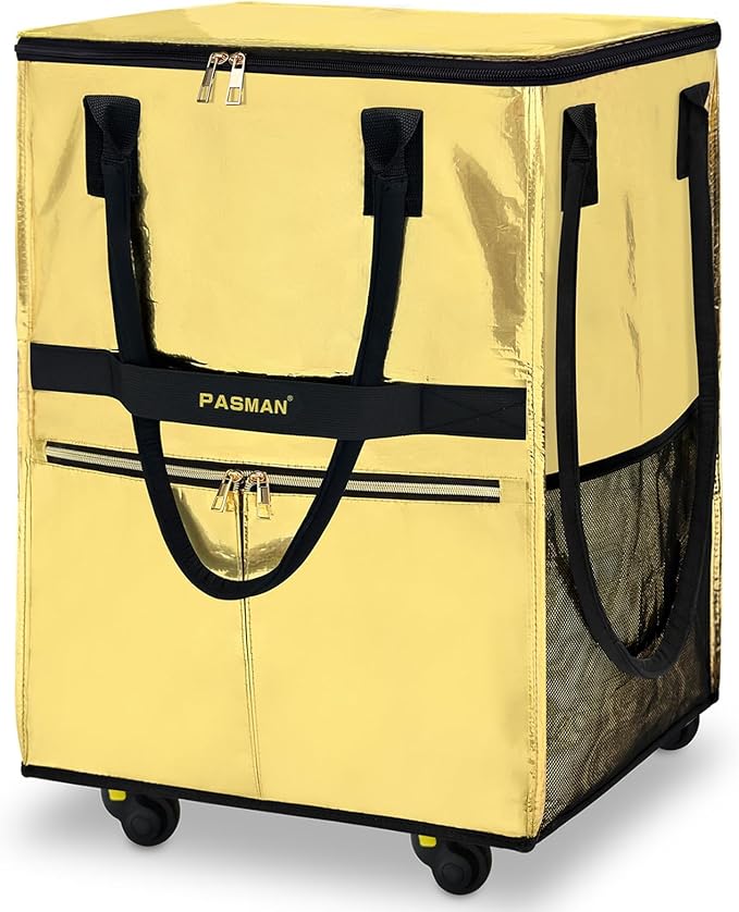 Reusable Grocery Bag on 5 Wheels, Foldable Rolling Tote Bag with Handle and Zipper Cover, 4 Pockets, Heavy Duty Shopping Cart for Laundry, Market & Travel (Gold 67L)