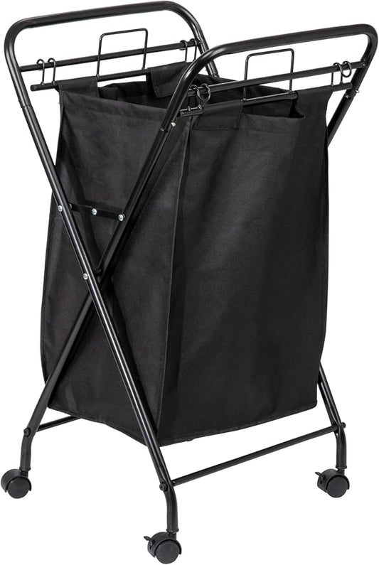 Household Essentials Rolling Laundry Hamper, Heavy Duty Canvas Bag, 2 Load Capacity, Foldable Frame, Black Bag with Velcro Fasteners, Black