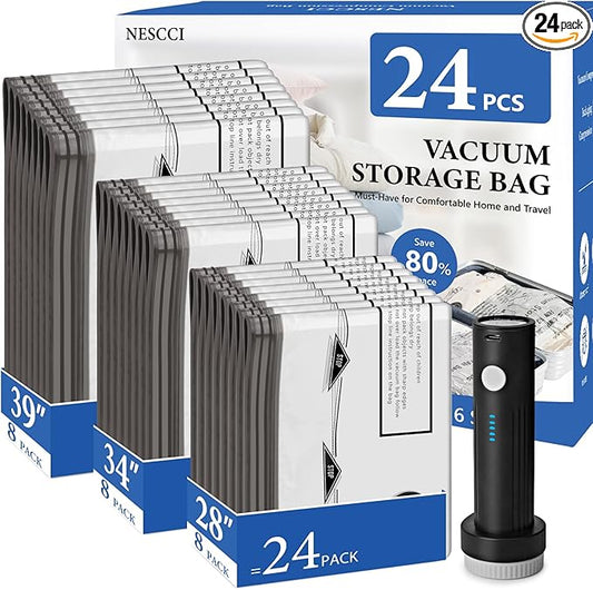 NESCCI Travel Vacuum Bags for Clothing with Rechargeable Wireless air Pump,24 Pack Compression Packing Bags for Luggage Suitcase,Carry-on Size Space Saver Vacuum Storage Bags