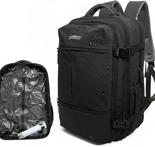 Vacuum Compression Backpack for Travel, Carry-On Backpack with Vacuum System & Pump, Packs Like 55L for 5-7 Day Trips, Fits 17" Laptop, Water-Resistant Business Travel Backpack for Men/Women