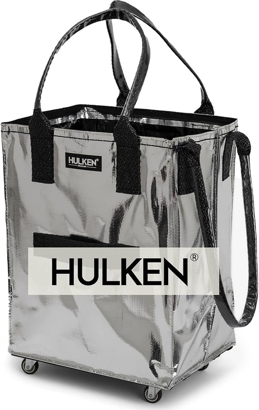 HULKEN (Medium, Silver) Reusable Grocery Bag On Wheels, Shopping Trolley, Rolling Tote, Zipper Closure, Lightweight, Carries Up to 66 lb, Folds Flat, Unbreakable Handles