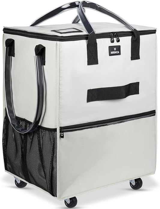 Reusable Grocery Bag On Wheels, Foldable Rolling Tote with 6 Pockets & 3-Way Carry, Heavy Duty Handles, Zippered Top for Groceries, Laundry, Storage, Small, Beige
