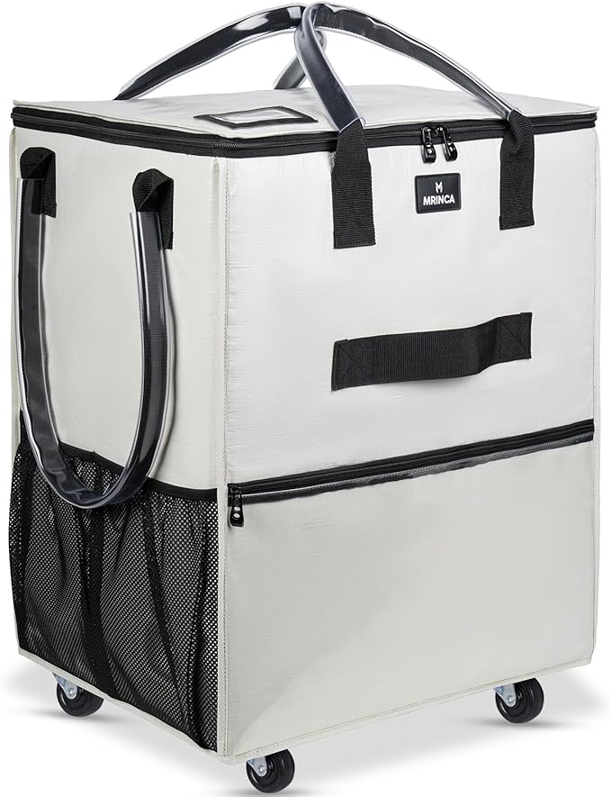Large Reusable Grocery Bag On Wheels, 130L Foldable Rolling Tote with 5 Wheels, Multiple Pockets, Zippered Top & Heavy Duty Handle, Lightweight Shopping Cart for Groceries, Travel, Beige