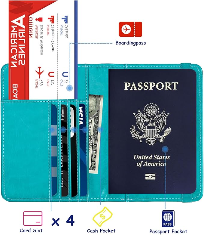 TOURSUIT RFID Blocking Passport Holder, Leather Travel Wallet, Light Blue - Image 2