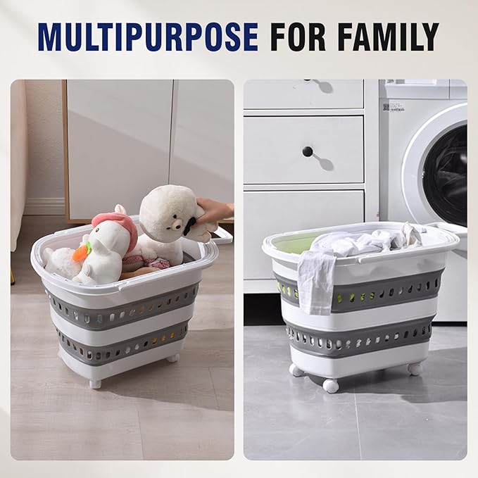 Collapsible Plastic Laundry Basket Hamper with Wheels, 45L Portable Rubber Clothes Basket, Pop Up Storage Container/Organizer with Hanging basket for Washing & Storage, Grey