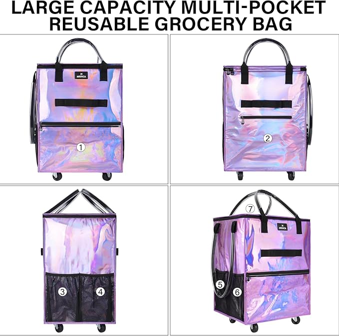 Large Reusable Grocery Bag On Wheels, 130L Large-Capacity Foldable Shopping Trolley, Lightweight with 5 Swivel Wheels, Multiple Pockets, Zippered Top & Heavy Duty Handles, for Shopping, Moving, Purple
