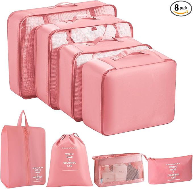 8 Set Packing Cubes for Suitcases, INVODA Travel Luggage Packing Organizers with Laundry Bag, Compression Storage Shoe Bag, Clothing Underwear Bag (Pink)
