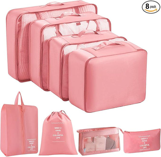 8 Set Packing Cubes for Suitcases, INVODA Travel Luggage Packing Organizers with Laundry Bag, Compression Storage Shoe Bag, Clothing Underwear Bag (Pink)