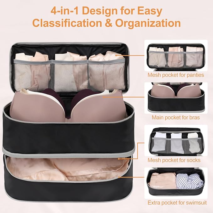 Cambond Travel Underwear Organizer Bag - 4-in-1 Soft Double Layer Bra Travel Bag, Portable Expandable Compression Packing Organizers, Underwear Storage Bag Packing Cubes for Women