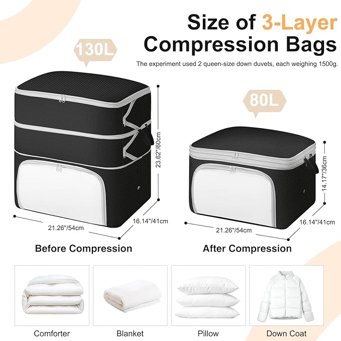 Comforter Storage Bag - 130L Blanket Storage Bags Front-opening Ultra Space Saving Self Compression Organizer, Washable Compression Bags for Storage Comforter Blanket, 2 Pack, Black