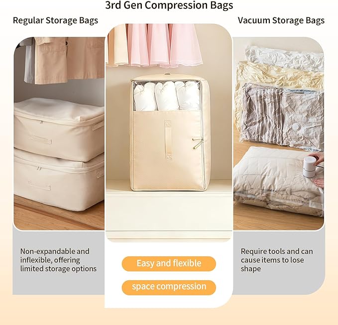 2 Pack Upgrade Comforter Storage Bag with Handle, Space Saving 3-Layer Adjustable In 3 Sizes (142L, 107L, 71L), Compression Blanket Storage Bags, Washable Bedding Organizer For Pillow Duvet Clothing
