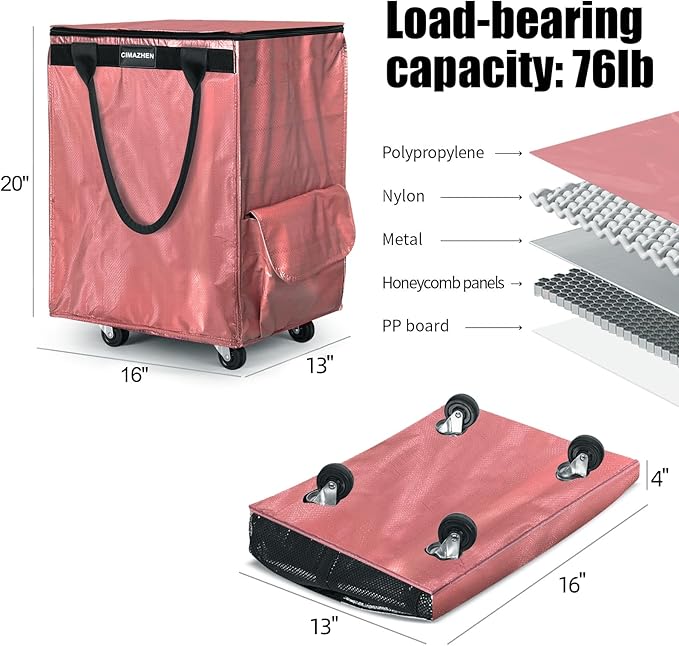 (Medium,Pink) Reusable Grocery Bag on 4 Wheels, Foldable Rolling Tote Bag with 3 Handles and Zipper, Storage Organizer for Groceries, Rolling Shopping Cart for Travel, 76lb
