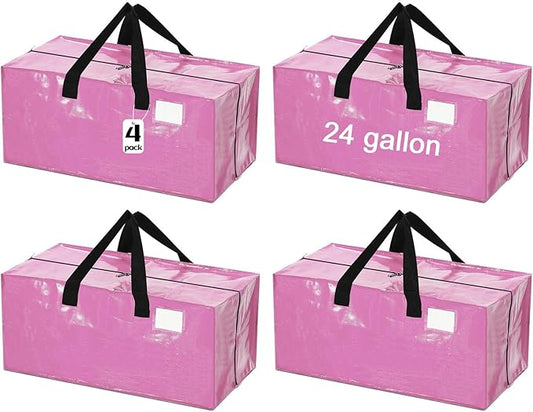 4 Pcs 24 Gallon Extra Large Moving Bags Heavy Duty Storage Bag with Strong Zipper Handle Foldable XXL Jumbo Storage Tote Packing Moving Box for College Dorm Travel Cloth Duffle (Pink)