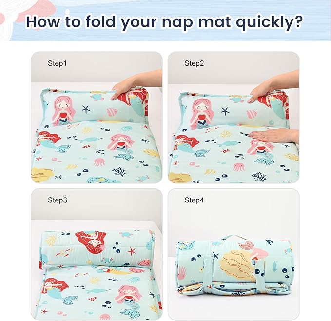 PHF Cute Mermaid Toddler Nap Mat Set, with Removable Pillow for Toddler Girls, Soft and Lightweight for Daycare, Preschool, Travel, Kindergarten Sleeping Bag, Fits Ages 3-6 Years, Cute Mermaid