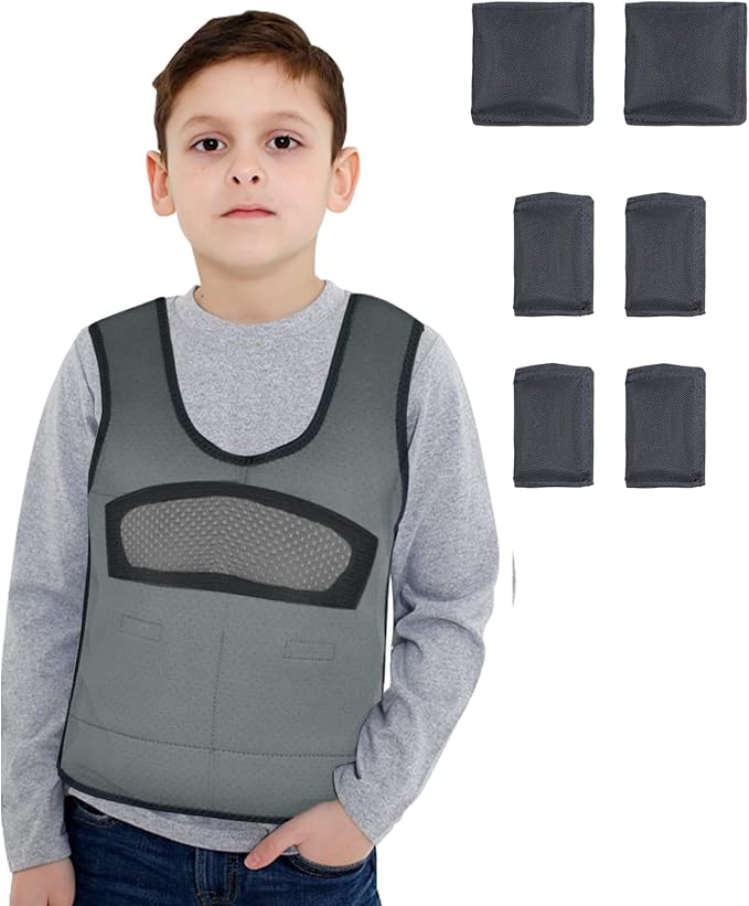 Compression Vest for Kids-Grey, Weighted Vest for Kids Including 6 Removable Weights, (Large, Ages 10+)