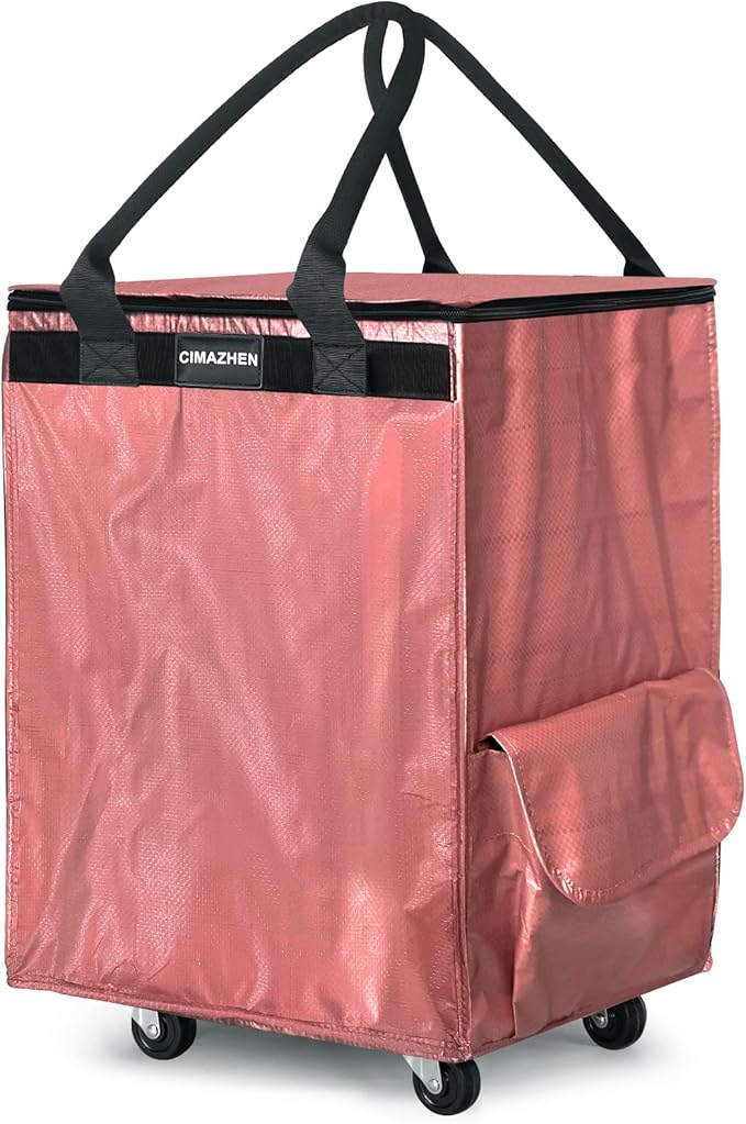 (Medium,Pink) Reusable Grocery Bag on 4 Wheels, Foldable Rolling Tote Bag with 3 Handles and Zipper, Storage Organizer for Groceries, Rolling Shopping Cart for Travel, 76lb