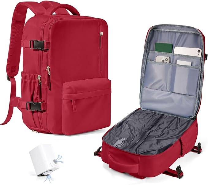 WONHOX Vacuum Seal Backpack for Travel with Air Pump Compression Daypack Personal Item Carry on Flight Approved Vacpack Laptop Space Saver Bags Storage with Vacuum System Travel Bag Women Men Red