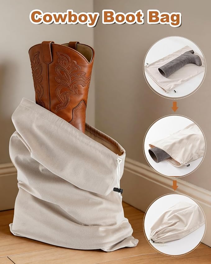 4 Pcs Shoe Bags for Travel, 21.2"x13.3" Large Boot Bags for Cowboy Boots, Washable Velvet Dust Bag with Drawstring for Dress Shoes, Handbags and Clothing, Suitable for Travel and Home Storage