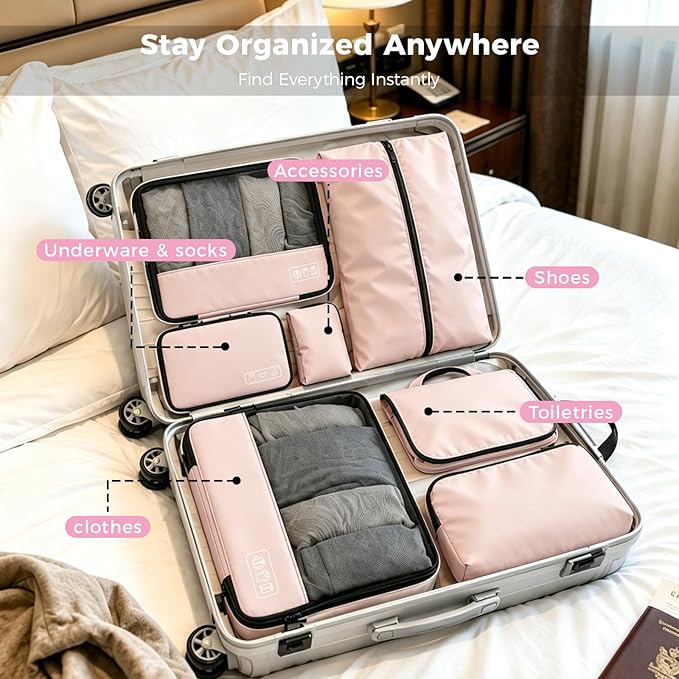 8-Piece Compression Packing Cubes for Travel, Stylish Luggage Organizer Set for Women, Space Saving Travel Essentials, Perfect for Vacation Cruise, Weekend Getaways & Carry-On Packing - Light Pink