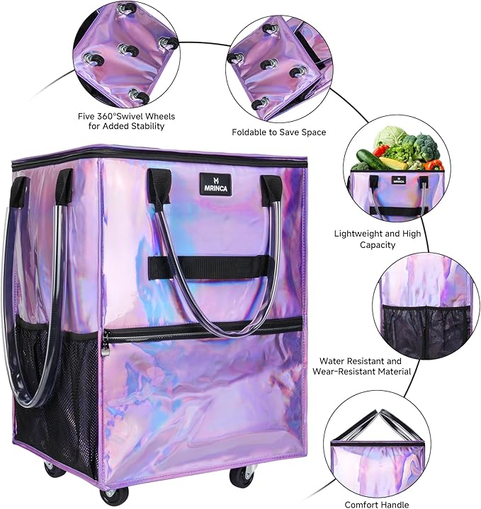 Large Reusable Grocery Bag On Wheels, 130L Large-Capacity Foldable Shopping Trolley, Lightweight with 5 Swivel Wheels, Multiple Pockets, Zippered Top & Heavy Duty Handles, for Shopping, Moving, Purple