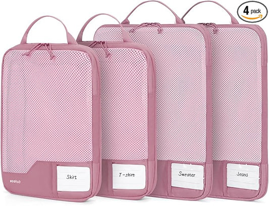 ECOHUB 4 Set Compression Packing Cubes for Travel Essentials, Suitcases Organizer Bags with Tag, Travel Bags Organizer for Luggage, Dusty Rose-Compress