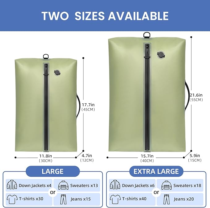BAGAIL TPU Vacuum Bag for Travel, Reusable Compression Bag with IPX8 Waterproof Zipper, Save Space for Suitcase, Backpack and Carry on (Olive Green, Large, With Pump)