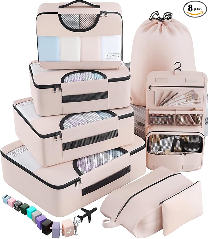 8 Set Packing Cubes for Luggage,Suitcase Organizer in 4 Sizes with Hanging Toiletry Bag and Large Laundry Bag, Carry-On Luggage with Accessories Bag, Cream