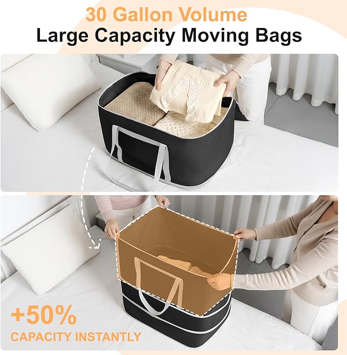 Comforter Storage Bag - 120L Bedding Storage Bags for Moving Closet, Washable Blanket Storage Bag, Ultra Space Saving Self Compression Organizer, 4-Pack, Black