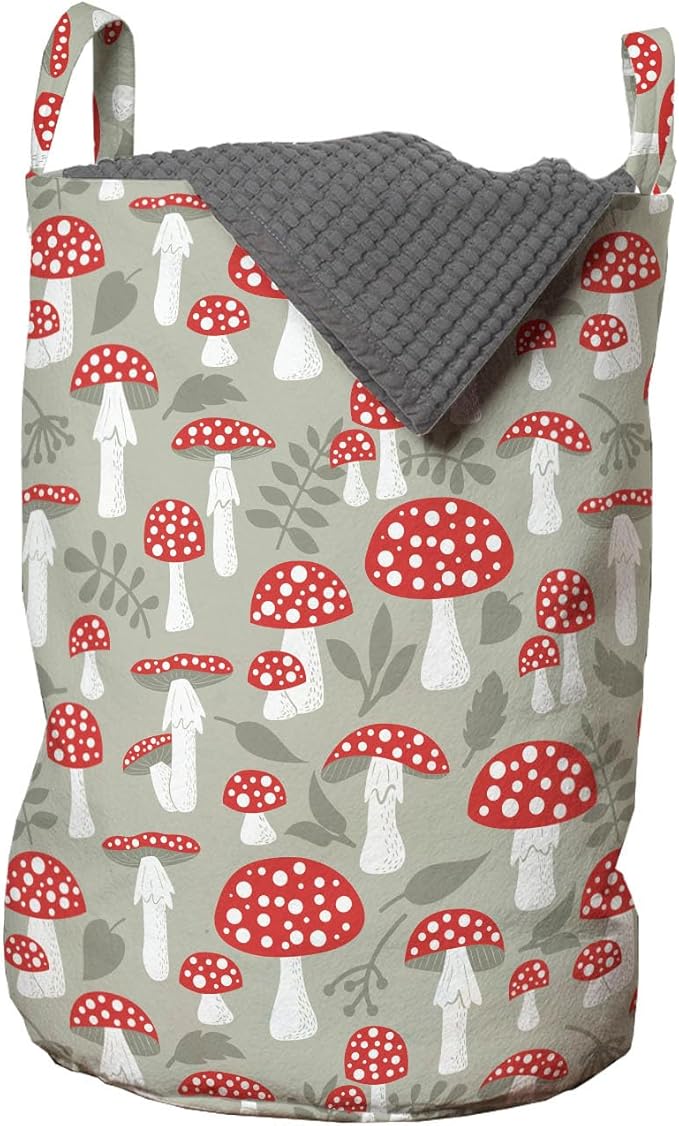 Ambesonne Cartoon Laundry Bag Pack of 2, Poisonous Amanita Mushroom Pattern with Foliage and Berry Silhouettes, Hamper Basket with Handles Drawstring Closure, 13" x 19", Pale Sage Green White
