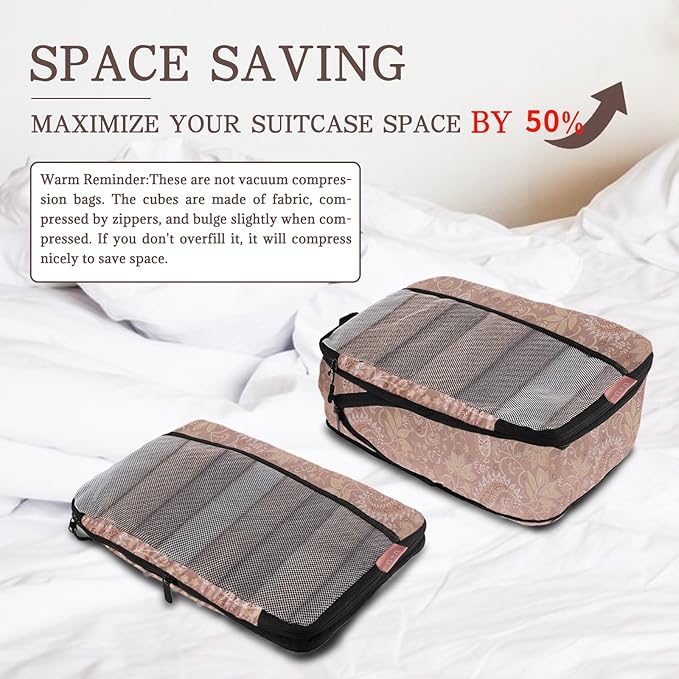 U+U 6 Set Compression Packing Cubes - Ultralight Travel Organizers with Laundry Bag, Space-Saving Suitcase Organizer, Expandable Packing Cubes for Travel and Family Vacation (Paisley Pattern)