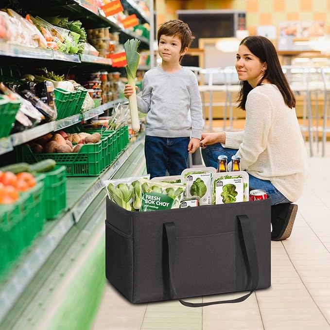 LHZK 2 Pack Utility Tote Bag with Metal Wire Frame and the Sides Rinforced, Large Tote Bag with Handle, Reusable Grocery Bags Foldable, Beach Bag, Car Tote (Black, 18.5''x11.8''x11.5'')