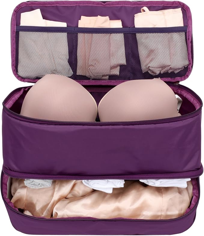 Cambond Travel Underwear Organizer Bag - 4-in-1 Soft Double Layer Bra Travel Bag, Portable Expandable Compression Packing Organizers, Underwear Storage Bag Packing Cubes for Women