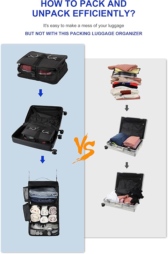 ELEZAY Hanging Packing Cubes Portable Closet 3-Shelf Travel Collapsible Compression Garment Organizer for Carry-on Luggage Suitcase Space Saver Bag X-Large_No Side Pockets, Black