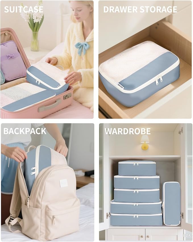 Narwey 7 Set Packing Cubes for Travel Carry on Suitcase Luggage Organizer Bags for Kids Women Men, Durable Packing Organizers Bag, Travel Essentials Accessories (Grayish Blue)