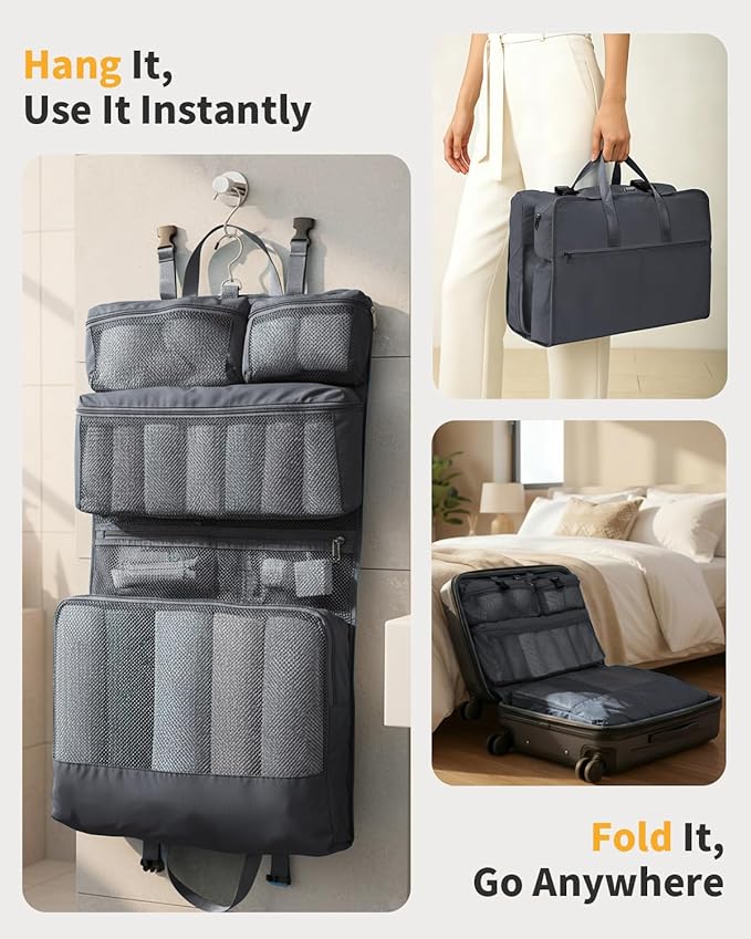 ECOHUB 8-in-1 Hanging Packing Cubes, Foldable Travel Storage Bag, Travel Organizer Expandable Packing Cube for Suitcase or Luggage (Grey)