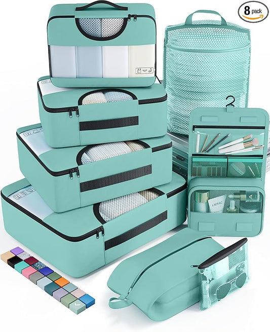 8 Set Packing Cubes for Travel Essentials, Suitcase Organizer Bags in 4 Sizes, Carry-On Luggage Accessories with Laundry Bag, Airplane Must Have, Gifts for Women Men