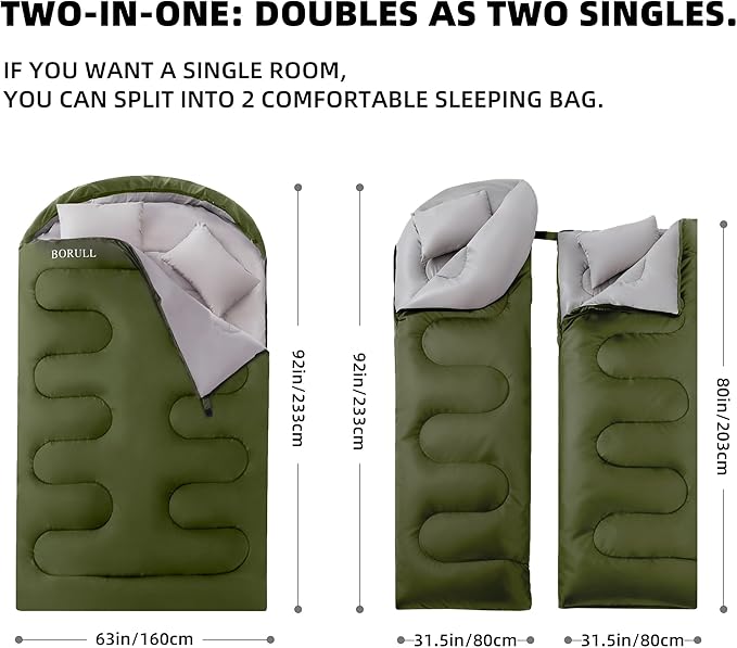 Double Sleeping Bags for Adults with Pillows Queen Size XL Camping Waterproof Sleeping Bag with Compression Sack for Kids for Hiking Backpacking 2 Person Cold Warm Weather Outdoor Indoor
