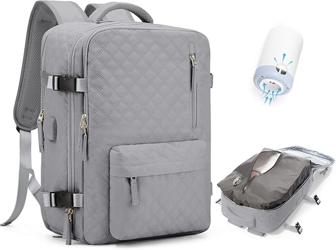 Travel Vacuum Storage Backpack with Air Pump Vacuum Seal Compression Space Saver Bags Clothing Vacpack 18x14x8 inches Travel Bag Carry on Personal item Laptop Work Backpacks Women Men Grey