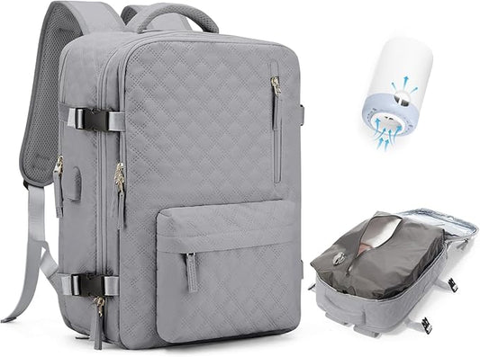 Travel Vacuum Storage Backpack with Air Pump Vacuum Seal Compression Space Saver Bags Clothing Vacpack 18x14x8 inches Travel Bag Carry on Personal item Laptop Work Backpacks Women Men Grey