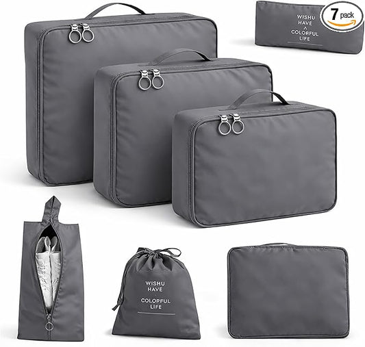 7 Set Packing Cubes For Travel | Luggage Organizer Bags With Shoe, Laundry Bag, Accessory Pouch And Lingerie Bag | Durable And Space Saving Suitcase Organizer For Travel Essentials | Grey
