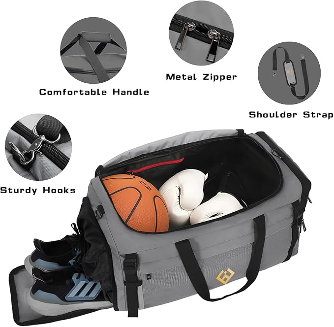 Extra Large Sports Gym Bag, Travel Duffel bag with Wet Pocket & Shoes Compartment for men women, 85L, Lightweight （Light Gray）
