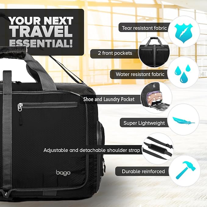 Bago Large Duffle Bag for Travel Women & Men. Durable Lightweight Foldable Travel Duffel Bags For Traveling Women. 100L Duffle Bags for Overnight Bag With Shoe Compartment Collapsible Weekender duffel