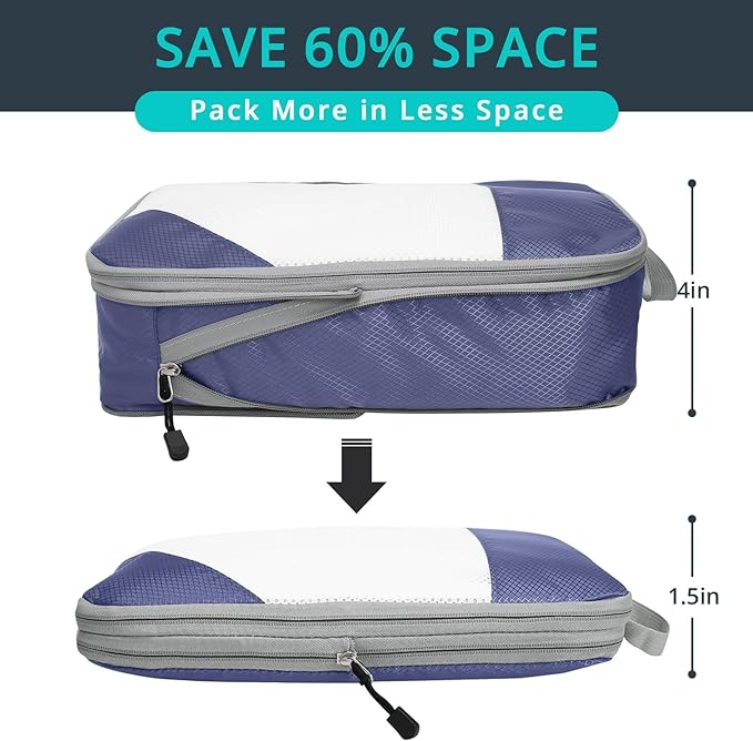 NICOSHOW Compression Packing Cubes 6 Set, Compressible Space-Saving Packing Cubes for Travel - Compression Bags, Luggage Organizer, Travel Essentials for Women, Bluish Purple