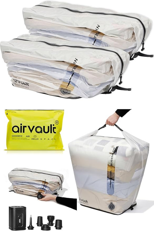 AirVault Premium Reusable Vacuum Seal Storage Bag for Carry On Suitcases & Backpack, Space Saver Airline Travel Vacpack, Pump Included (120L Tapered Duffle, 2-Pack)