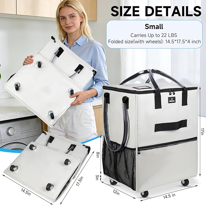 Reusable Grocery Bag On Wheels, Foldable Rolling Tote with 6 Pockets & 3-Way Carry, Heavy Duty Handles, Zippered Top for Groceries, Laundry, Storage, Small, Beige