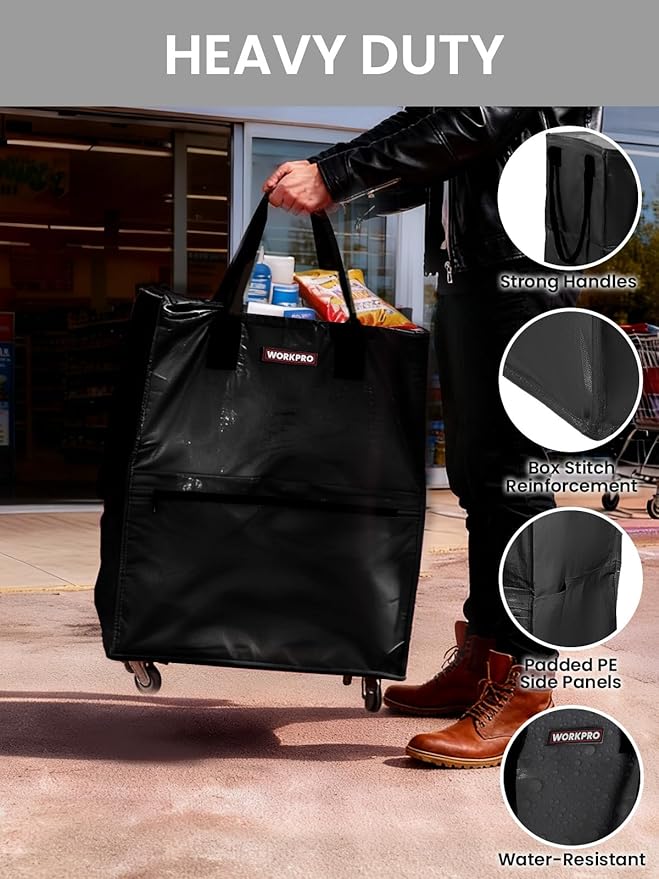 WORKPRO Medium Reusable Grocery Bag on Wheels, Heavy Duty Rolling Shopping Tote with Handle, Folding Trolley on 4 Caster Wheels for Groceries, Laundry, Camping, Moving