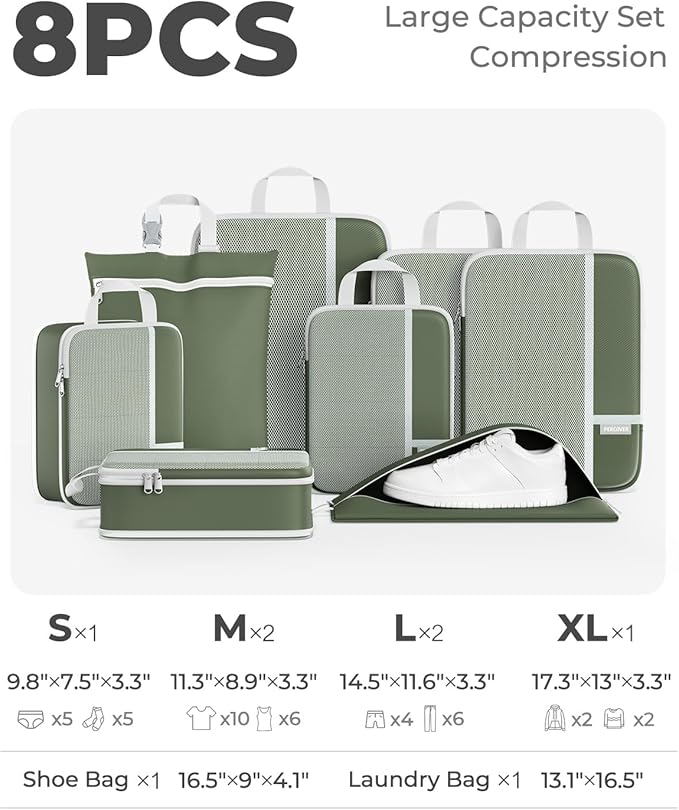 Percover Compression Packing Cubes for Travel, 8-Piece Structured Compression Organizer Set with Laundry Bag & Shoe Bag for Carry-On & Checked Luggage, Green